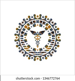 Caduceus medical icon inside arabic badge. Arabesque decoration.