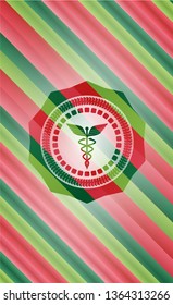 Caduceus medical icon inside christmas colors emblem.