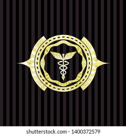 Caduceus medical icon inside gold badge