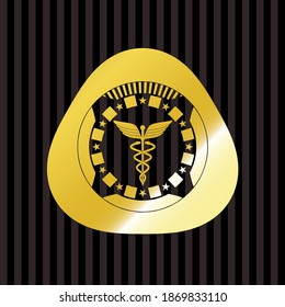 Caduceus medical icon inside gold emblem. 