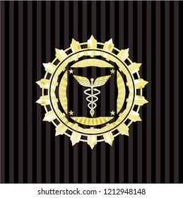 Caduceus medical icon inside golden badge or emblem
