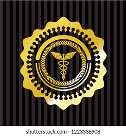 Caduceus medical icon inside golden emblem or badge