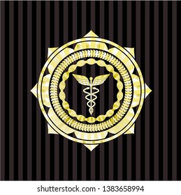Caduceus medical icon inside golden badge or emblem