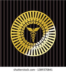 Caduceus medical icon inside golden badge or emblem