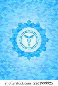 Caduceus medical icon inside light blue emblem. Mosaic background. 