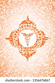Caduceus medical icon inside orange mosaic emblem with background