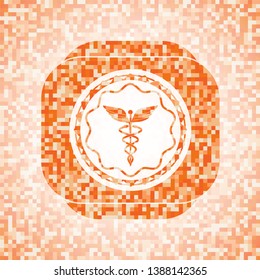Caduceus medical icon inside orange tile background illustration. Square geometric mosaic seamless pattern with emblem inside.