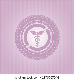 Caduceus medical icon inside realistic pink emblem