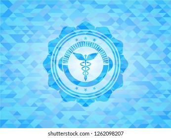 Caduceus medical icon inside realistic sky blue emblem. Mosaic background