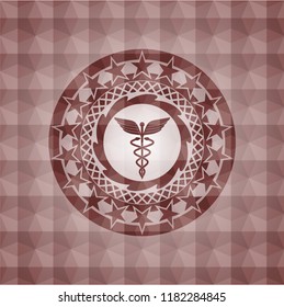Caduceus medical icon inside red emblem with geometric pattern background. Seamless.