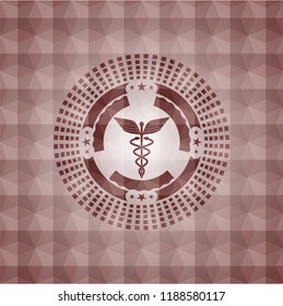 Caduceus medical icon inside red seamless badge with geometric pattern background.