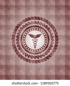 Caduceus medical icon inside red seamless emblem or badge with geometric pattern background.