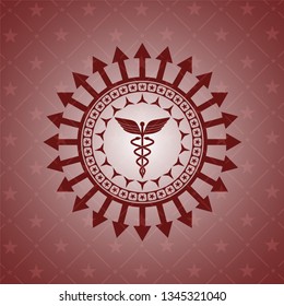 Caduceus medical icon inside red emblem. Retro