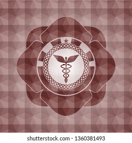 Caduceus medical icon inside red seamless badge with geometric pattern.