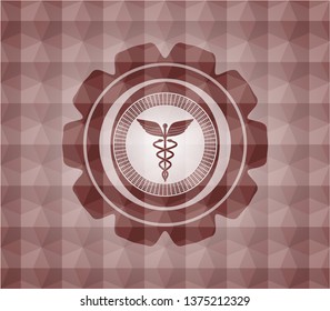 Caduceus medical icon inside red seamless geometric badge.
