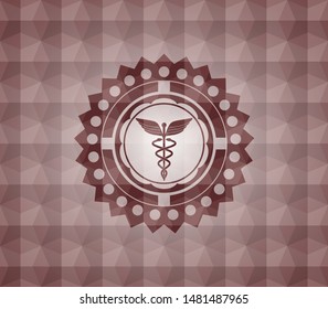Caduceus medical icon inside red seamless geometric badge.