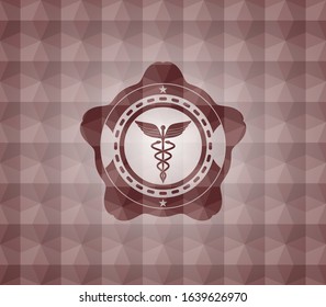 Caduceus medical icon inside red seamless emblem with geometric pattern.