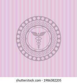 Caduceus medical icon inside retro style pink emblem. Detailed design. 