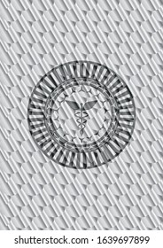 Caduceus medical icon inside silver badge or emblem. Scales pattern. Vector Illustration. Detailed.