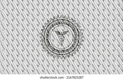 Caduceus medical icon inside silver badge. Scales pattern. Vector Illustration. Detailed. 