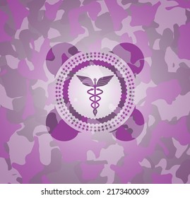 Caduceus Medical Icon On Pink Camo Pattern. 