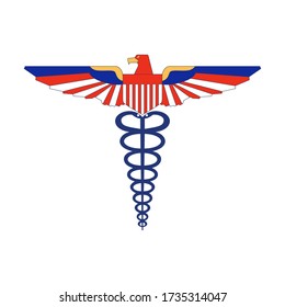 Caduceus medical snake and eagle stylized in the colors of the USA flag, isolated on white background