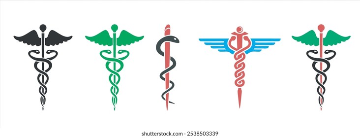 símbolo médico caduceo, Ilustración vectorial de símbolo médico caduceo. Cartel de atención médica de la salud, serpiente y taza, caduceo y personal de Asclepius - símbolos médicos. Cada Imagen en su propia capa.