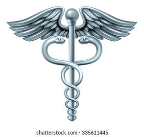Caduceus medical symbol or symbol for commerce featuring intertwined snakes around a winged rod