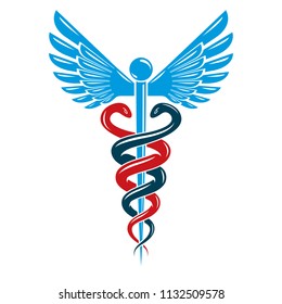 Caduceus medical symbol, graphic vector emblem created with wings and snakes.