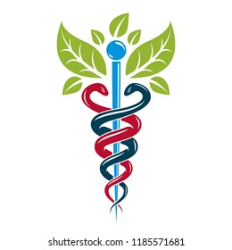 Caduceus medical symbol, graphic vector emblem for use in healthcare. Phytotherapy metaphor.