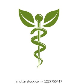 Caduceus medical symbol, graphic vector emblem for use in healthcare. Phytotherapy metaphor.