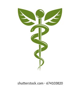 Caduceus medical symbol, graphic vector emblem for use in healthcare. Phytotherapy metaphor.