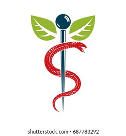 Caduceus medical symbol, graphic vector emblem for use in healthcare. Phytotherapy metaphor.