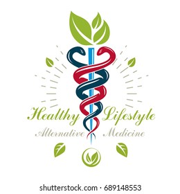 Caduceus medical symbol, graphic vector emblem for use in healthcare. Phytotherapy metaphor.