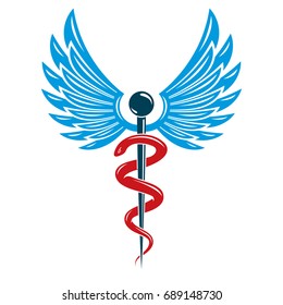 카두세우스 의학의 상징인 날개와 뱀으로 만든 그래픽 벡터 엠블럼이다. 스톡 벡터