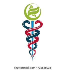 Caduceus medical symbol, graphic vector emblem for use in healthcare. Phytotherapy metaphor.