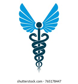 Caduceus medical symbol, graphic vector emblem created with wings and snakes.