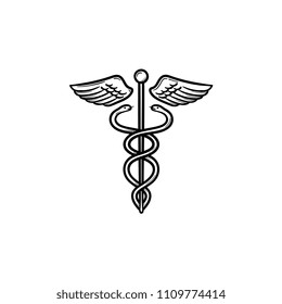 Caduceus medical symbol hand drawn outline doodle icon. Medical snakes wings wand as medicine system and health care concept. Vector sketch illustration for web and infographics on white background.