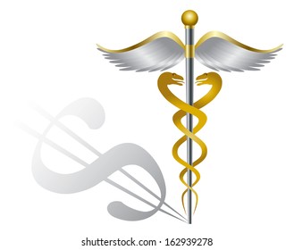 Caduceus Medical Symbol for Health Care Organizations with Dollar Sign Shadow for Healthcare Cost Isolated on White Background Vector Illustration