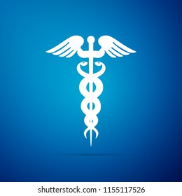 Caduceus medical symbol icon isolated on blue background. Medicine and health care concept. Emblem for drugstore or medicine, pharmacy snake symbol. Flat design. Vector Illustration