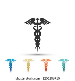 Caduceus medical symbol icon isolated on white background. Medicine and health care concept. Emblem for drugstore or medicine, pharmacy snake symbol. Colored icons. Flat design. Vector Illustration