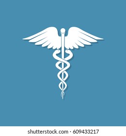 Caduceus medical symbol icon with shadow on a blue background