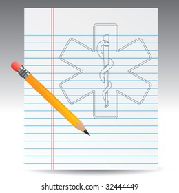 caduceus medical symbol on notebook paper with pencil