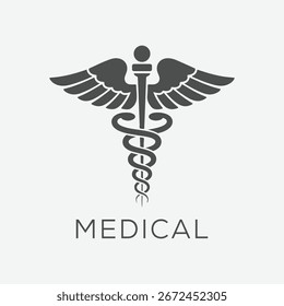 Símbolo médico de Caduceo. Ilustración plana simple sobre fondo blanco.