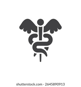 Caduceus medical symbol solid icon. glyph-style vector icon of a staff with wings and snakes. A strong health icon used as a symbol and sign for medical care and healing.