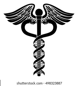 Caduceus medical symbol with the two snakes becoming a human DNA double helix genetic chromosome strand 