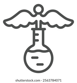 Caduceus with medicine flask line icon, clinical research concept. Vector graphics. Medical test, exam sign on white background, outline style icon for mobile or web design