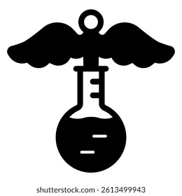 Caduceus with medicine flask solid icon, clinical research concept. Vector graphics. Medical test, exam sign on white background, glyph style mobile or design