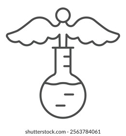 Caduceus with medicine flask thin line icon, clinical research concept. Vector graphics. Medical test, exam sign on white background, outline style icon for mobile or web design
