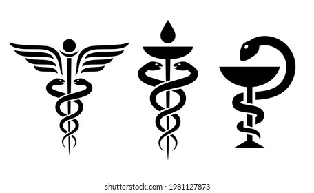 Caduceus medicine icon, abstract medical snake symbols on white background